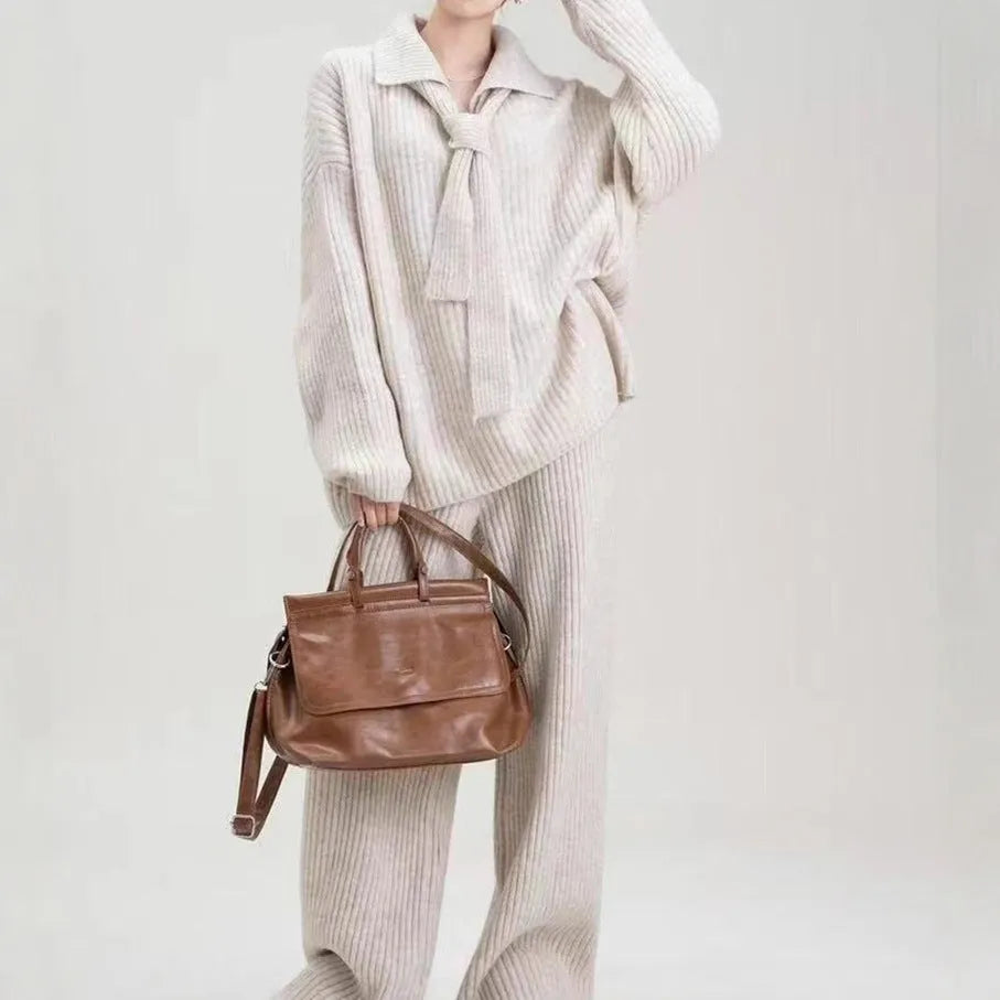 Sweater suit two-piece set with imitation cashmere fabric in beige, dark coffee, dark gray, or gray colours