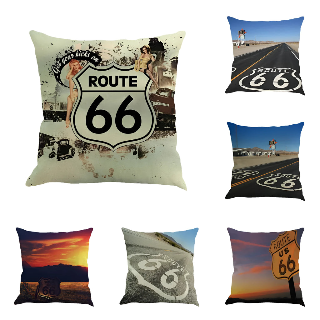 Linen blend cushion cover with Route 66 landscape design, shown in one of six available colours.