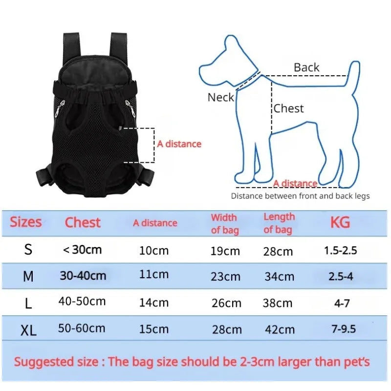 A person wearing a blue nylon dog carrier backpack on their front, containing a small dog. The bag shows mesh panels and an open-top design.