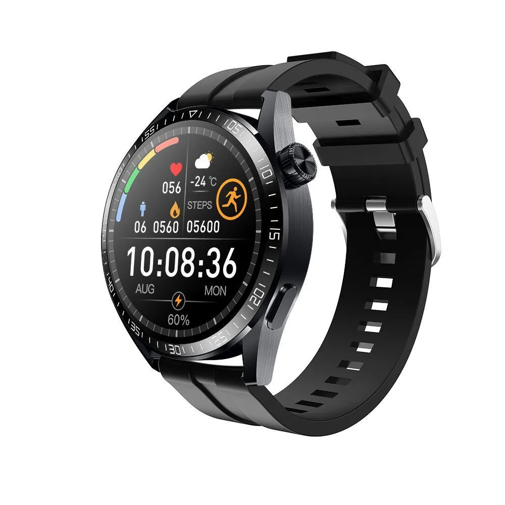 Black or silver smartwatch with 1.35-inch screen showing health stats and NFC payment icon.