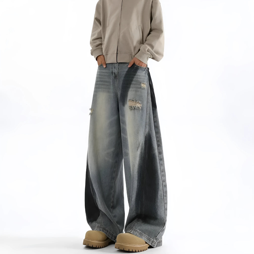 Men's American-style splash-ink ripped machete blue cotton jeans with loose fit