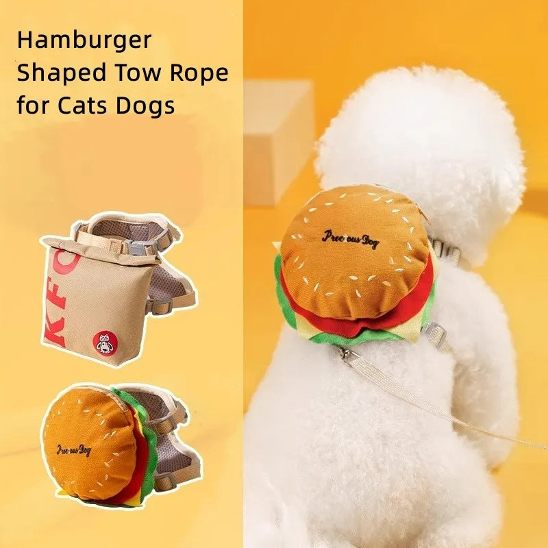 Burgundy red and blue cartoon hamburger chips design pet walking vest with leash and backpack