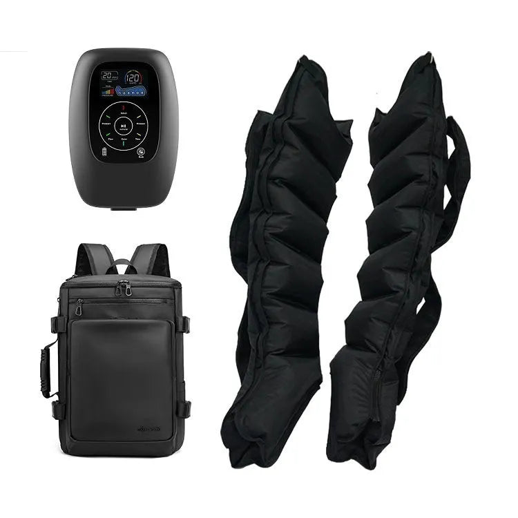 Air wave pressure leg arm and waist massager set with handheld remote control on a table.