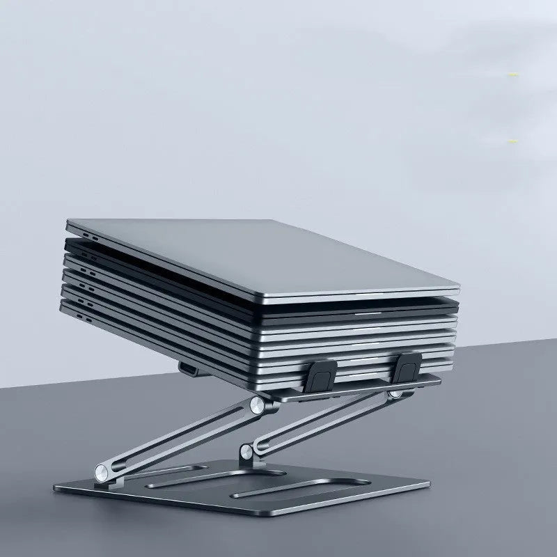 Silhouette of silver metal adjustable laptop stand on a desk with a clear 340mm elevation height and 260x248x35mm base dimensions