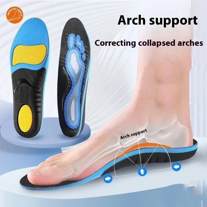 Blue and green flat foot correction insoles showing instep arch support pads with UK size markings 35-46