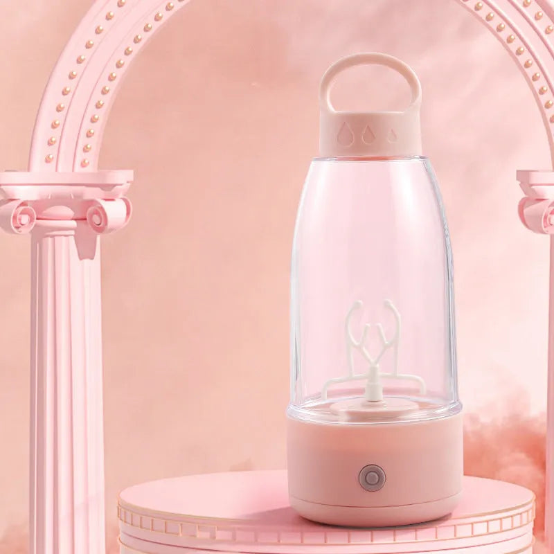 Green automatic electric shaker bottle with USB port, handle, and 380ml capacity.