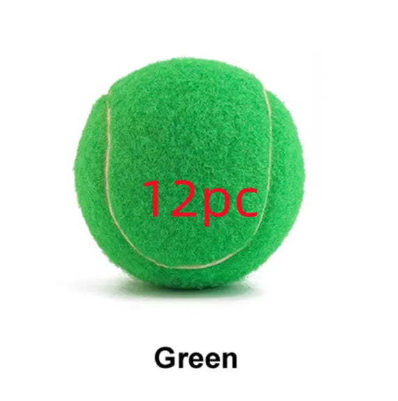 6.3 cm diameter solid rubber dog tennis ball in assorted bright colours on a green lawn.