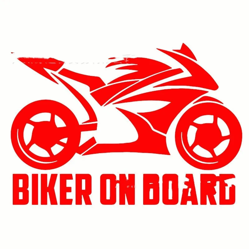 Motorcycle reflective safety sticker in PET material showing two size options: 14×20cm and 10×15cm