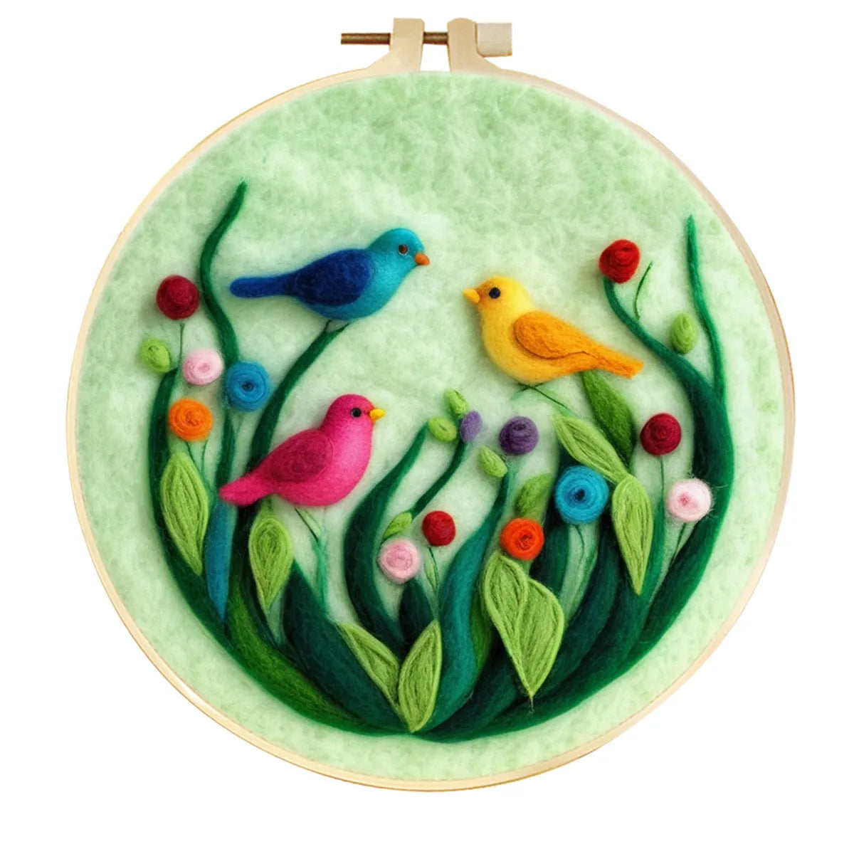 Round linen embroidery kit with wool felt pieces for 3D flowers and leaves, includes a free frame.