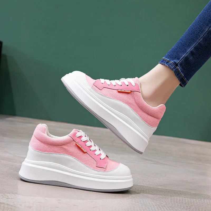 Women's beige and pink thick-soled leather casual platform board shoes.