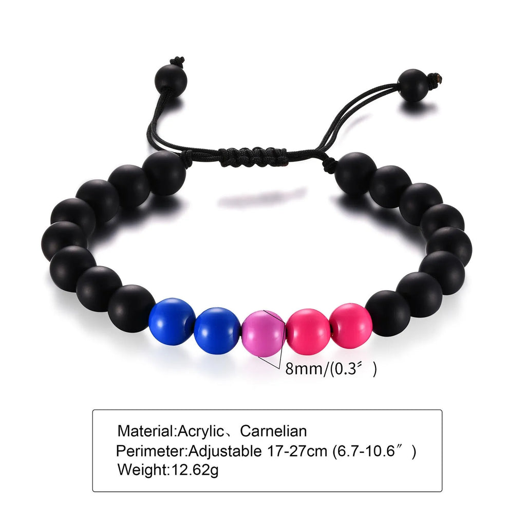 Polished black agate and acrylic beaded bracelet with 8mm beads and letter detailing