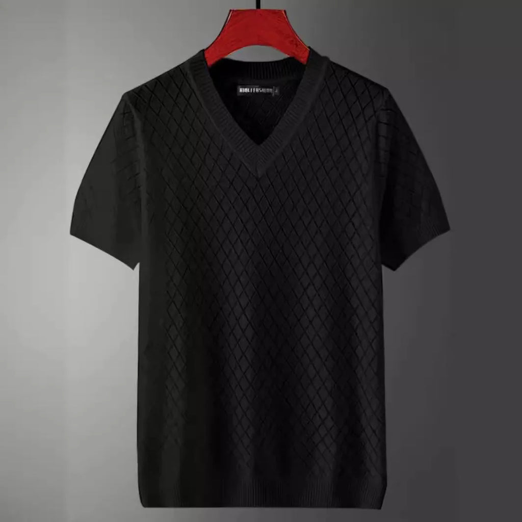 Men's ice silk T-shirt in black and white with V-neck and round neck options showing Korean-style design