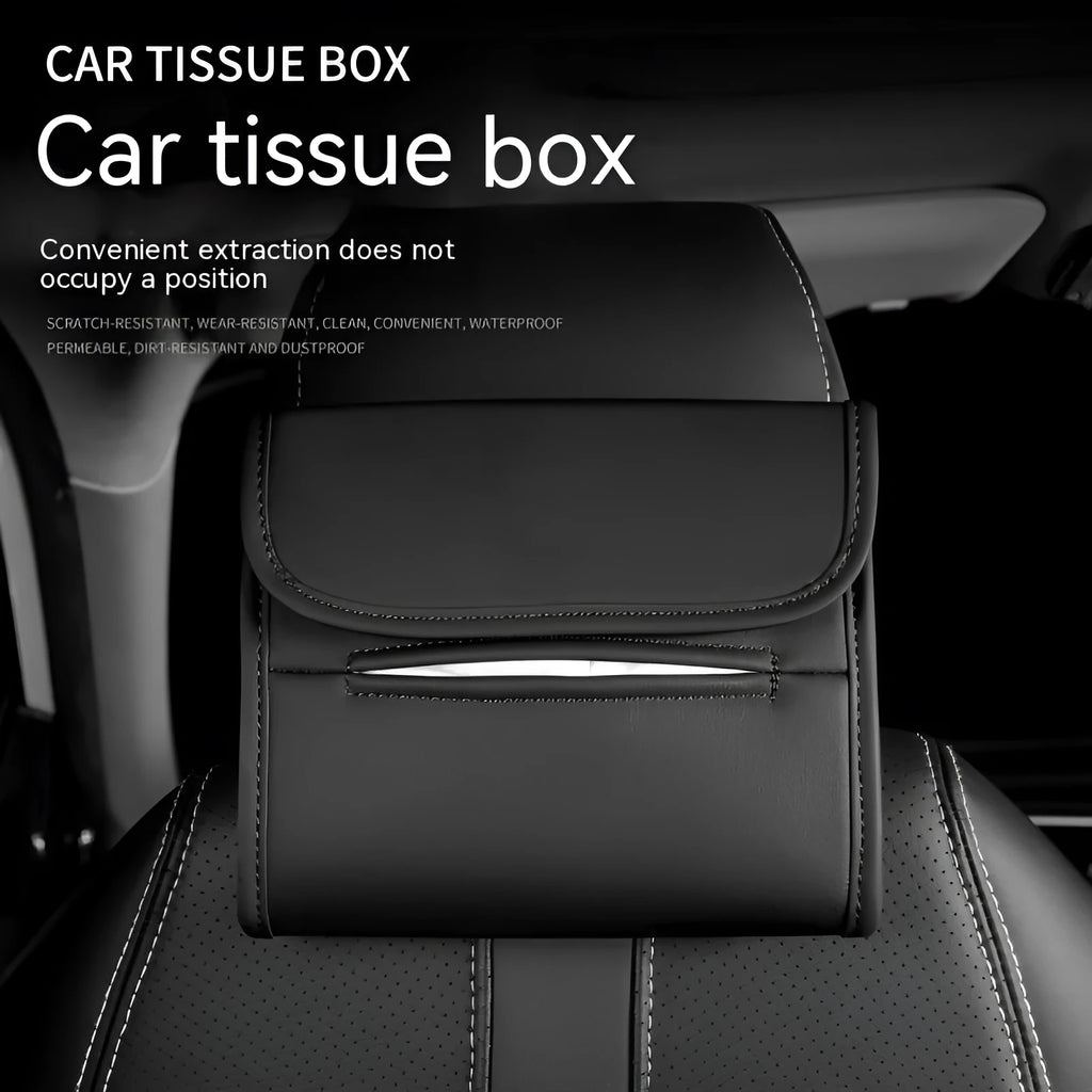 Leather car tissue box with elastic band for seat-back mounting in vehicle