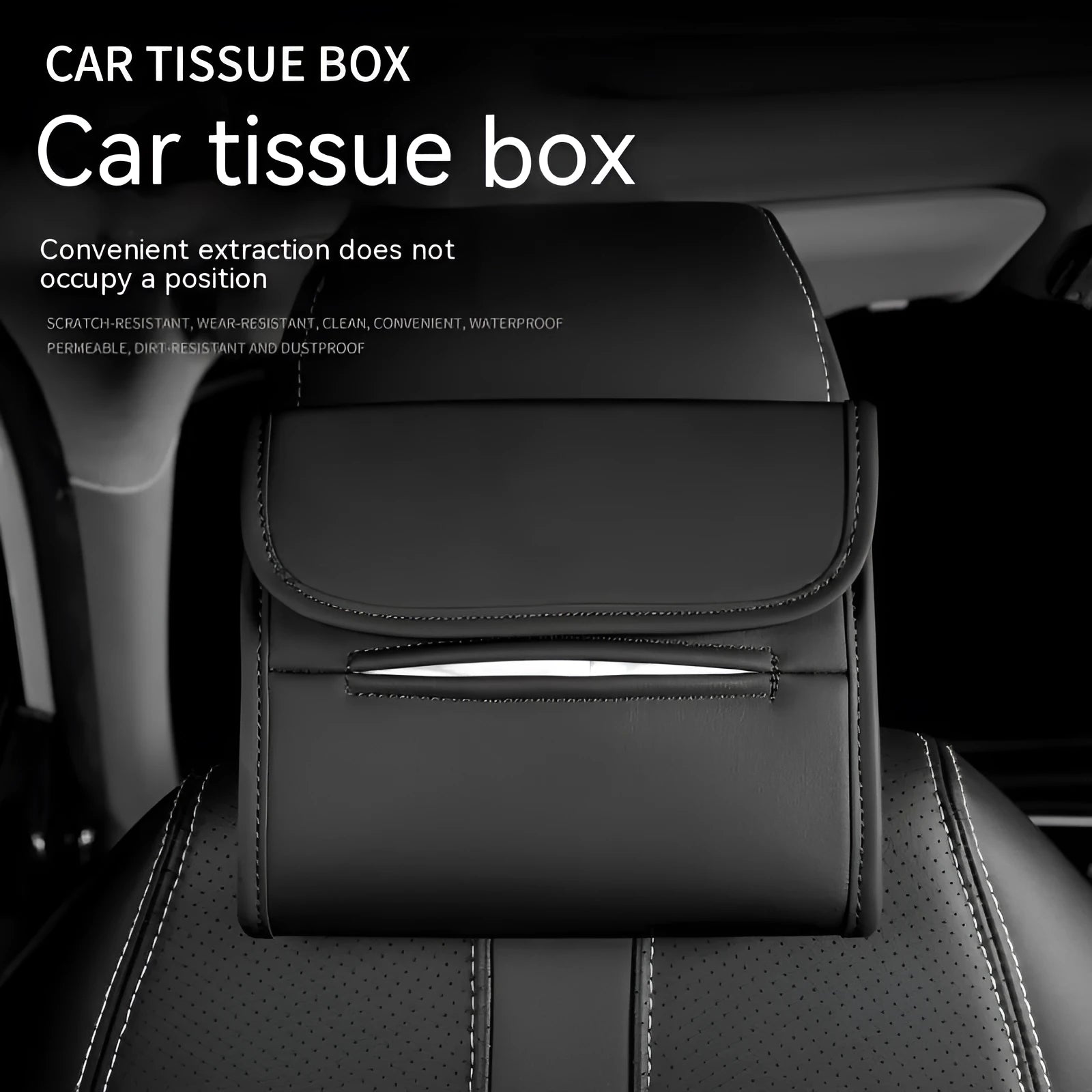 Leather car tissue box with elastic band for seat-back mounting in vehicle