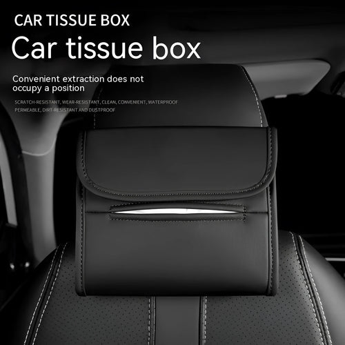Leather car tissue box with elastic band for seat-back mounting in vehicle