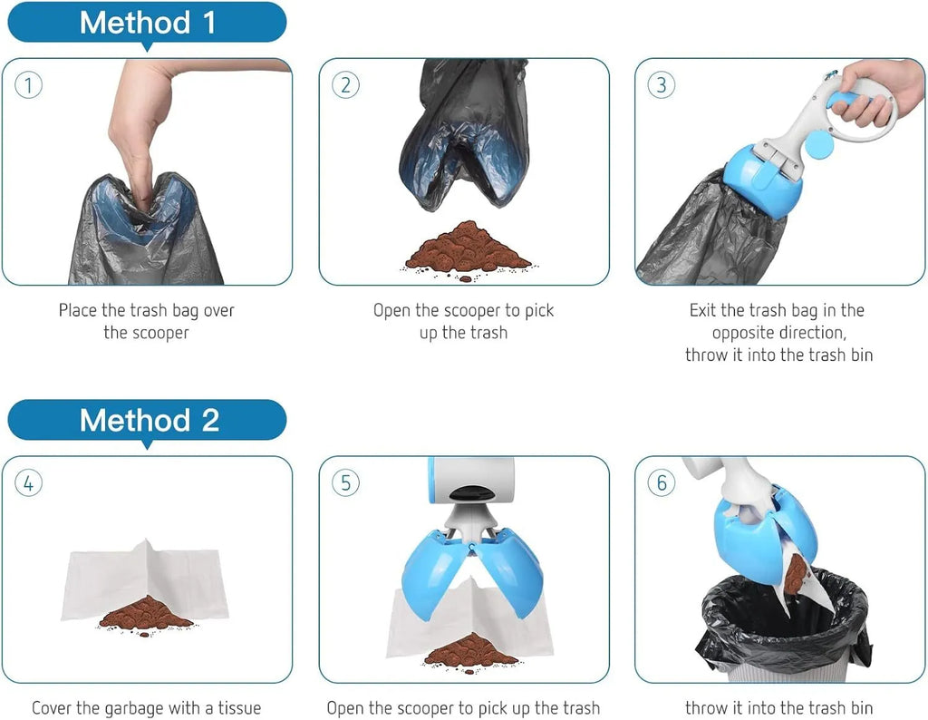 Heavy-duty ABS plastic pet pooper scooper with built-in trash bag holder and top carrying hook.