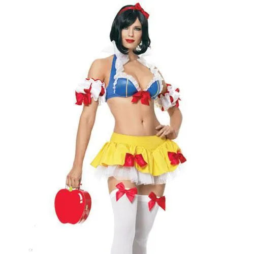 Snow White anime Halloween cosplay costume set with headwear, top, short skirt, and hand sleeves.