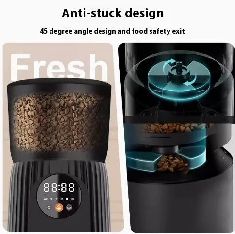 Black and white intelligent pet feeder with automatic timing and quantitative remote feeding via USB power