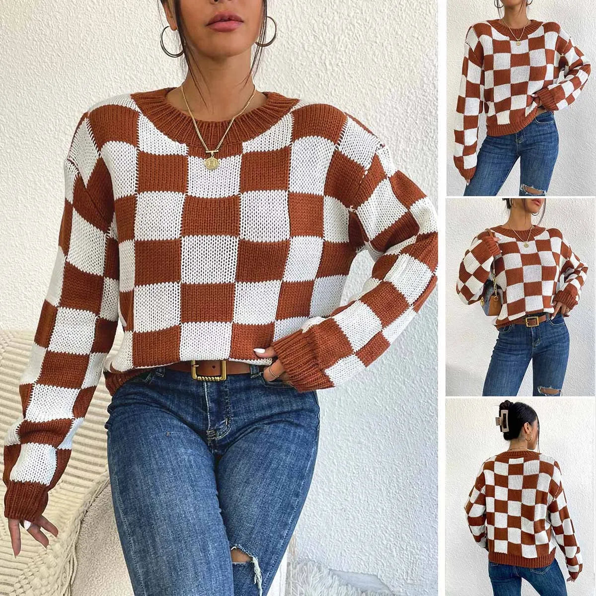 Dark brown plaid pattern loose fit pullover sweater with long sleeves and a round neck.