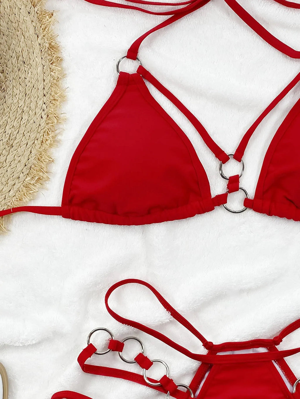 Women's pure colour bikini set with separated top and shorts in nylon fabric.