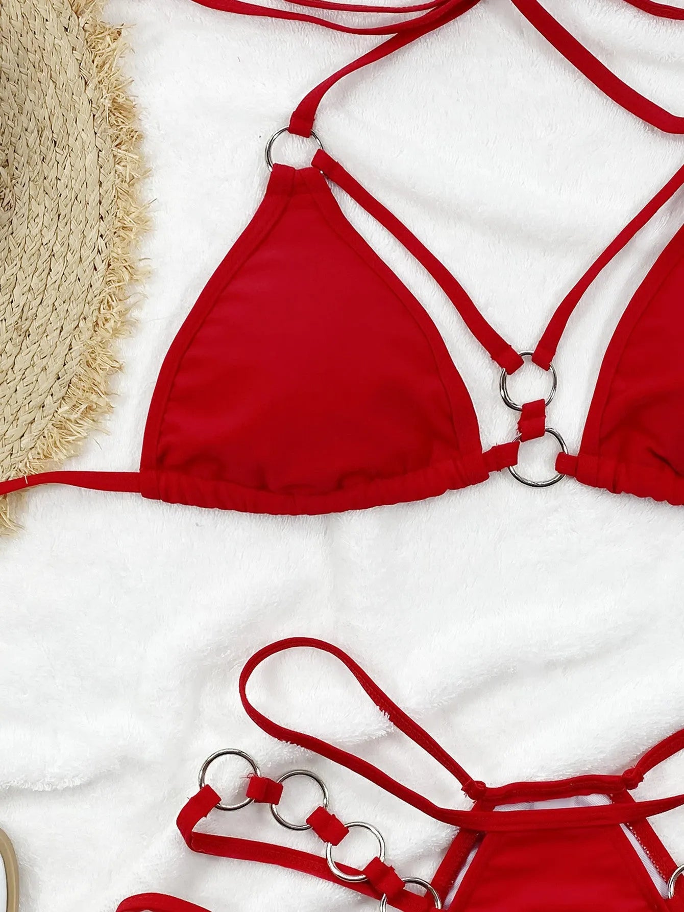 Women's pure colour bikini set with separated top and shorts in nylon fabric.