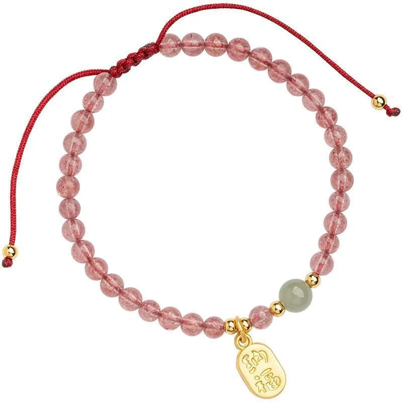Hand-woven red rope bracelet with crystal beads in strawberry quartz or garnet variants