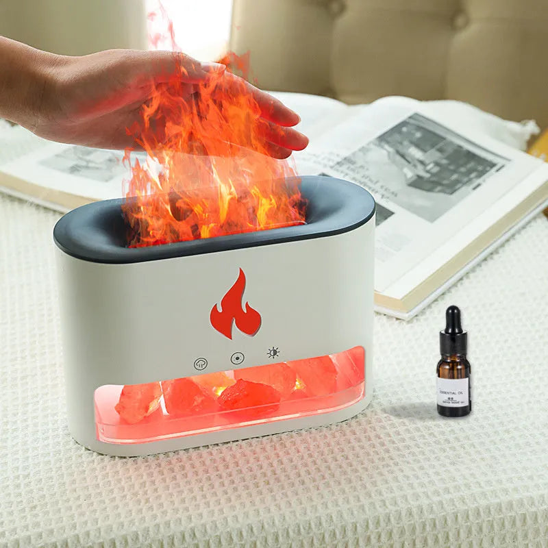 New Flame Humidifier with 3D simulation flame light and crystal salt stone on a desktop