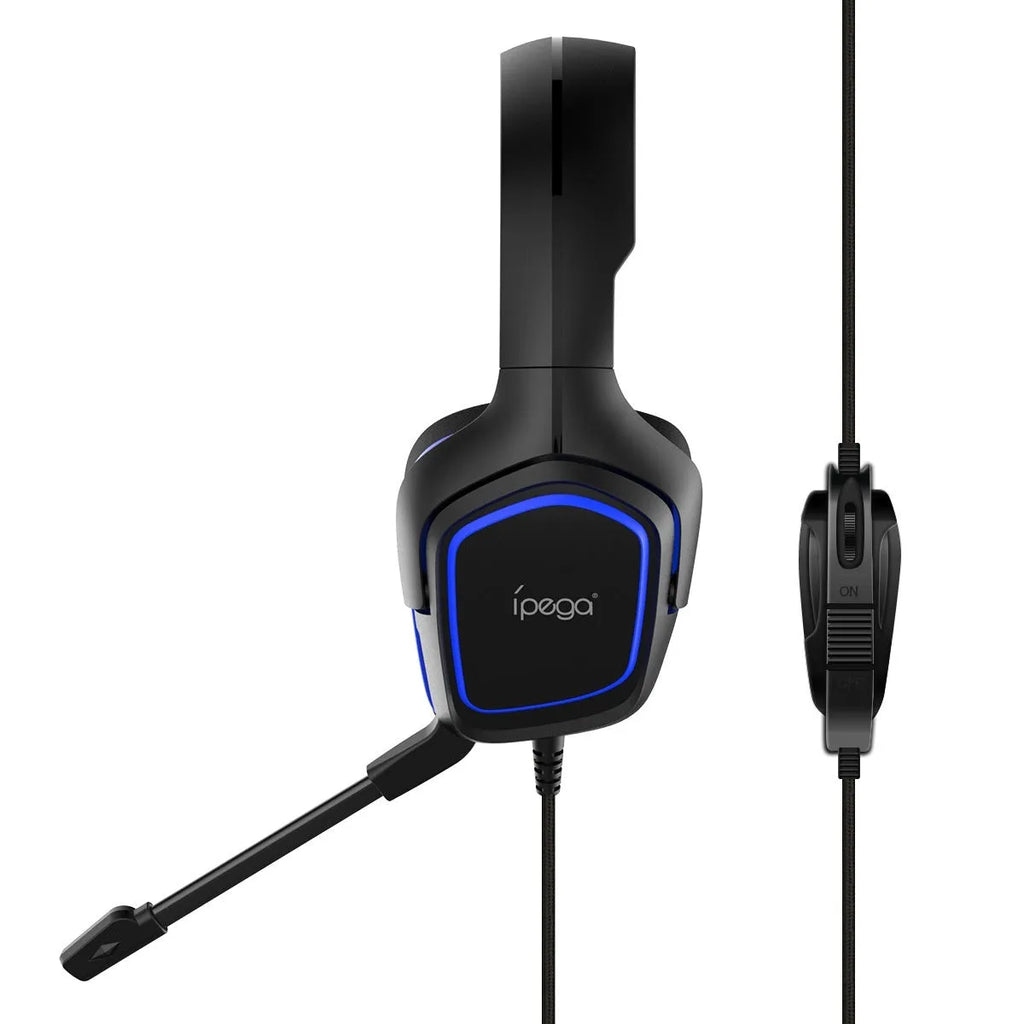 Blue computer gaming headset with microphone, 3.5mm wired cable, and over-ear design