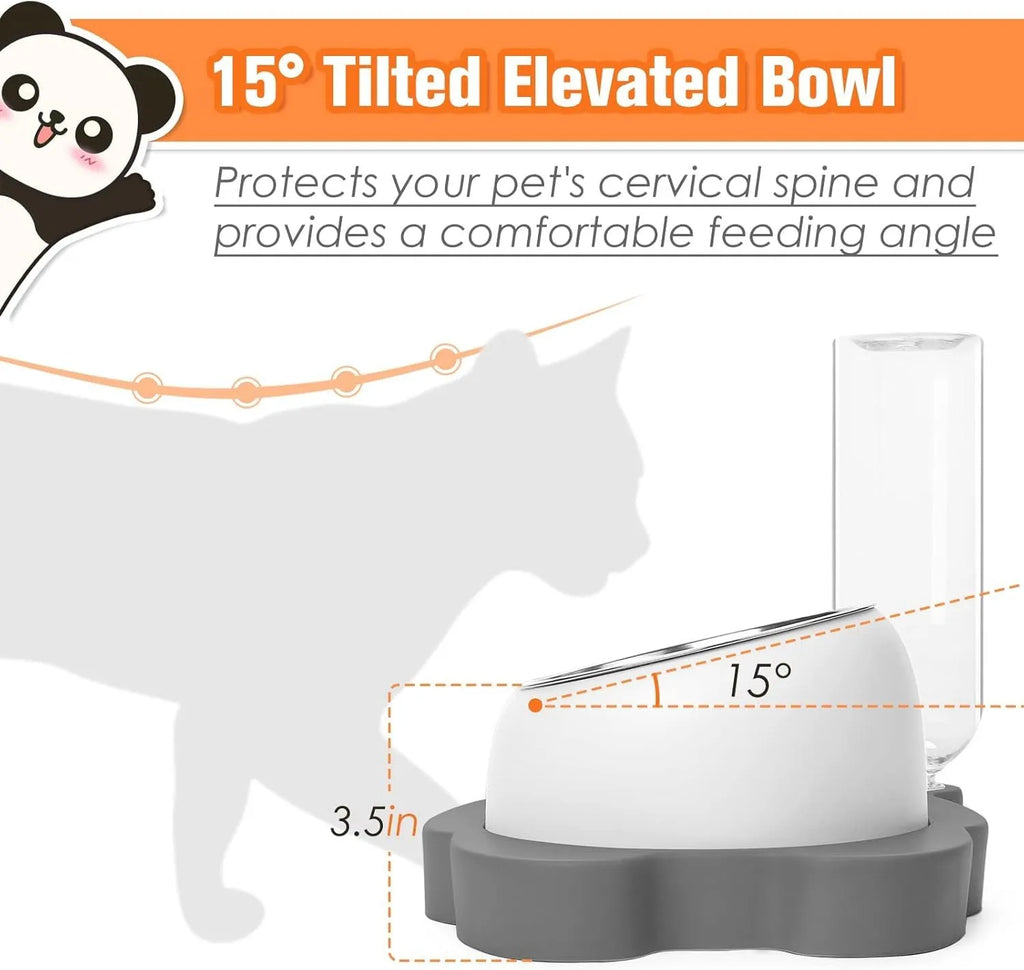 Grey panda-shaped pet feeder with tilted stainless steel bowls and a green automatic water bottle.
