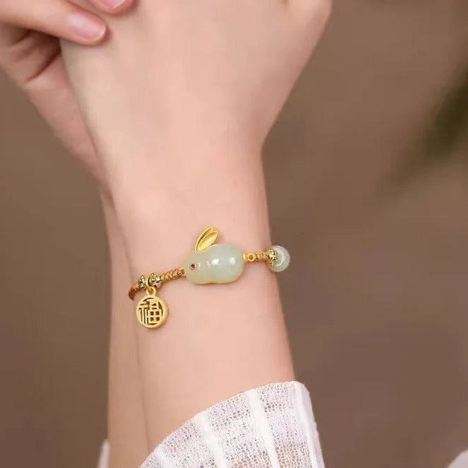 Hetian jade rabbit bracelet for women with geometric charm on yellow adjustable string