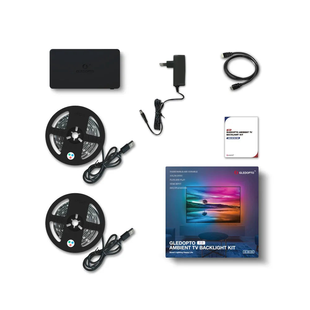 GL-SN-002K HDMI video capture card with 2-metre RGB LED strip, junction box, and cables for 4K computer display.