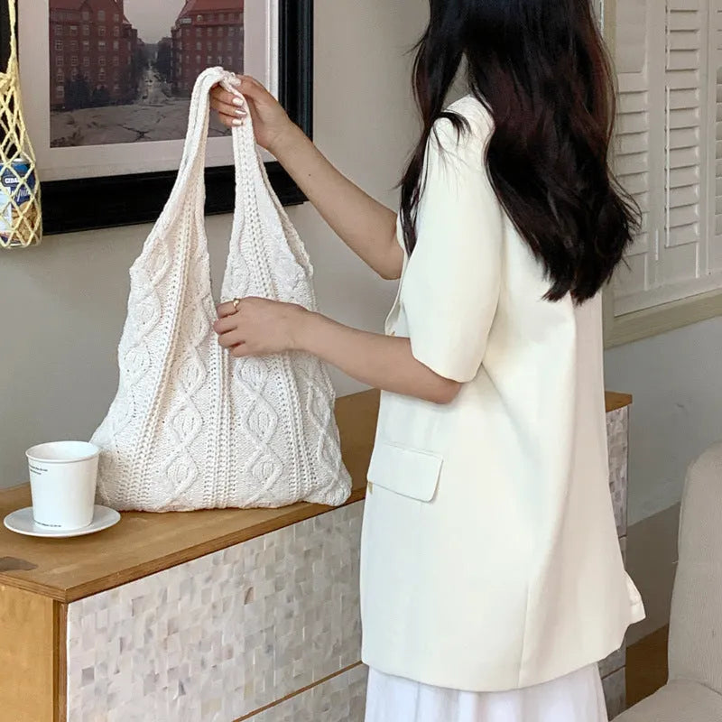 Women's retro crochet knitted polyester yarn shoulder tote bag in solid colour with double straps
