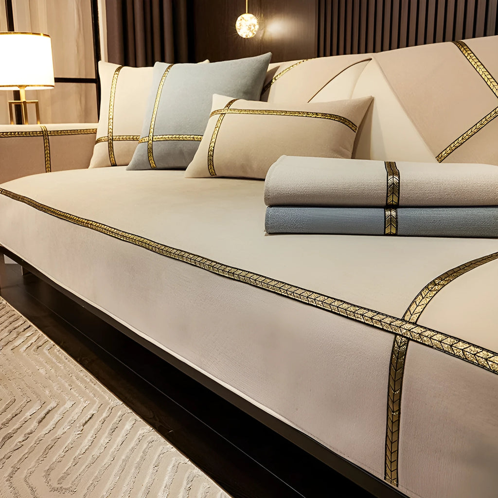 Chenille non-slip sofa cushion cover in solid colour cross wheat-beige on a modern sofa
