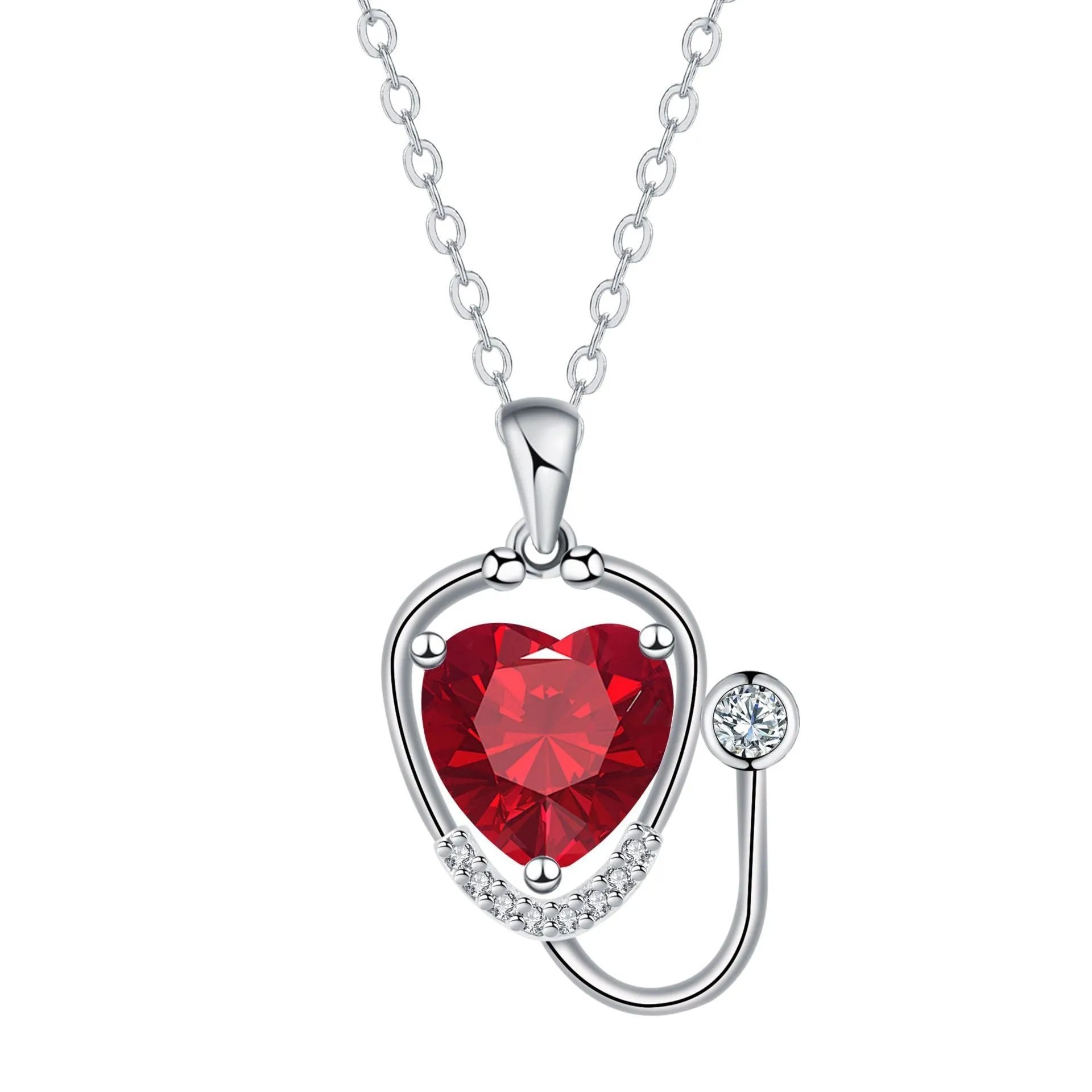 Women's fashion necklace with stethoscope and wing design in red diamond electroplated finish on copper