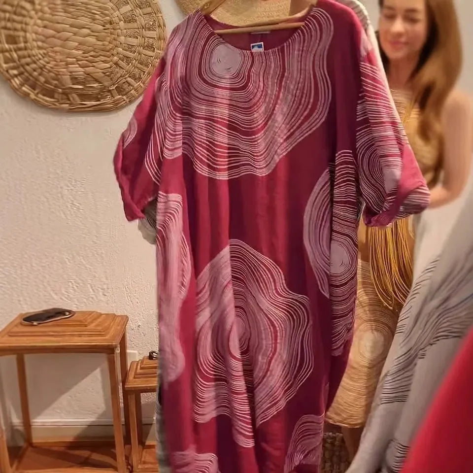 Women's round neck abstract printing sleeve dress with A-line skirt in red, polyester fabric