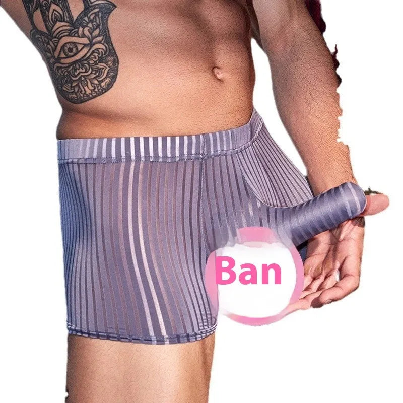 Men's striped nylon boxer briefs underwear in black colour showing vertical pattern and elastic waistband