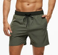 Men's blue fitness shorts with stitched waist headband, drawstring, zipper pocket, and padding for running