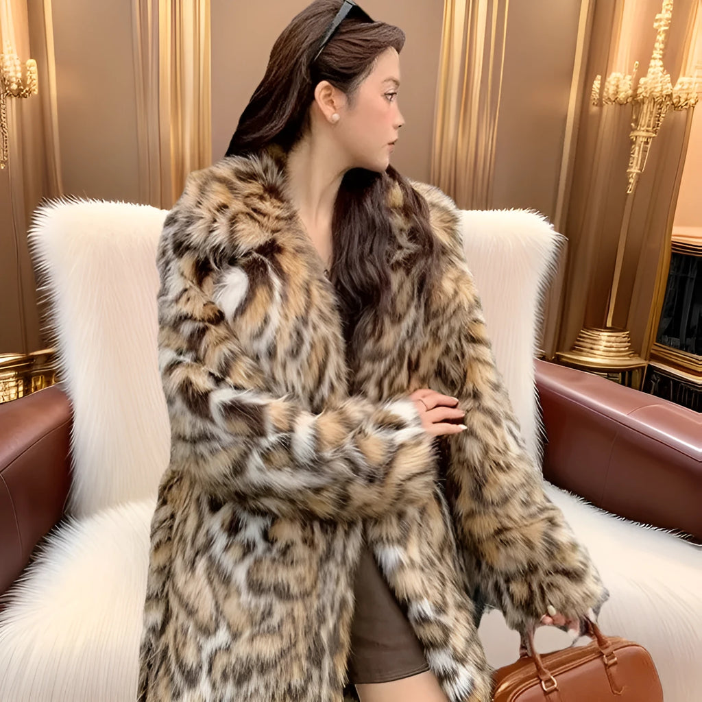 A woman wearing a long plush faux fur coat with a detachable fur collar and pockets, shown in a street fashion setting.