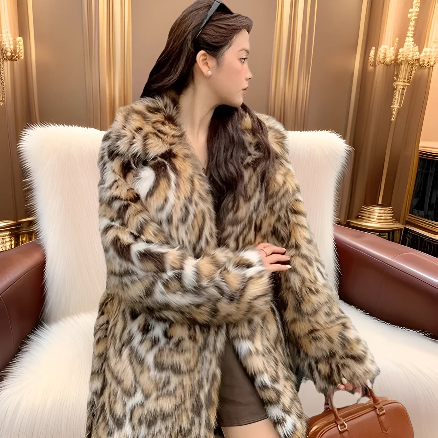 A woman wearing a long plush faux fur coat with a detachable fur collar and pockets, shown in a street fashion setting.