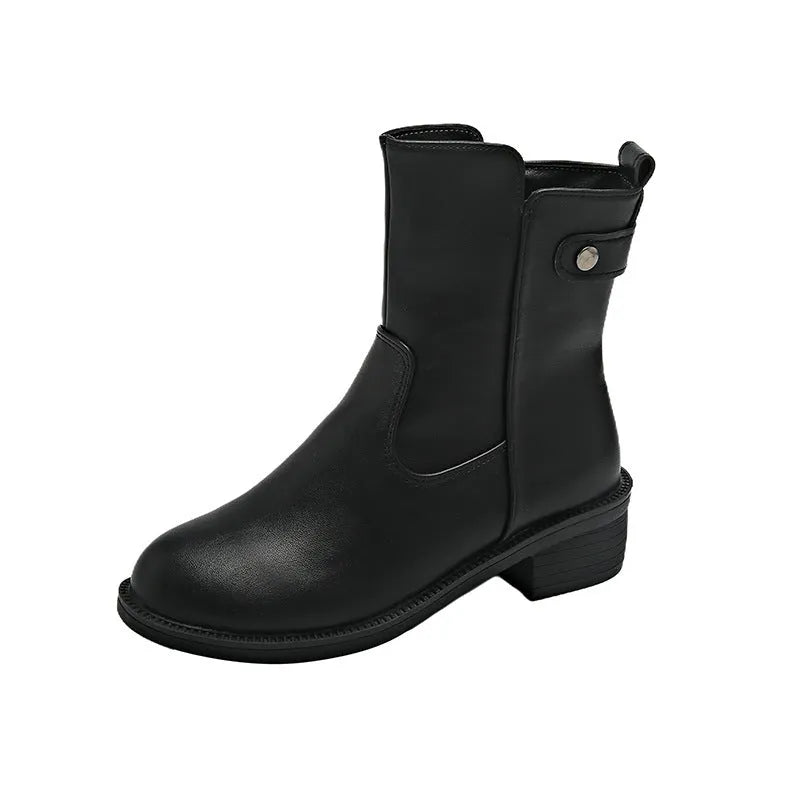 Women's black side zip ankle boots with round toe and low rubber sole