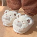 Cartoon pattern suede plush slippers for women in khaki, shown with round toe design.