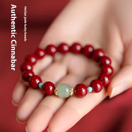 Cinnabar and coated metal geometric bracelet with elliptical beads in purple gold sand colour.