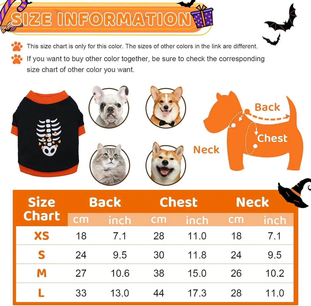 Orange Halloween dog skeleton costume sweatshirt made of soft cotton for small breed dogs
