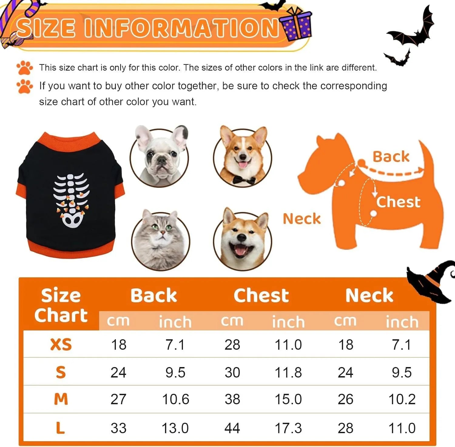 Orange Halloween dog skeleton costume sweatshirt made of soft cotton for small breed dogs