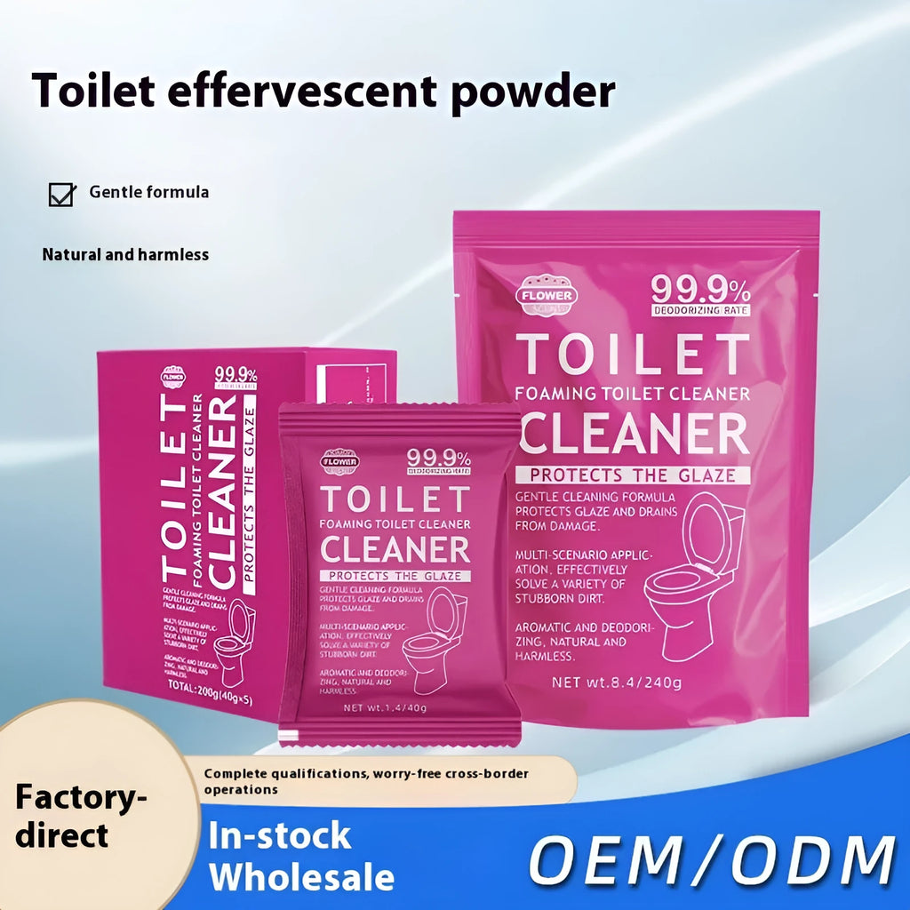Toilet bubble powder in pink floral and blue ocean fragrance, showing 240g bag and box of five 40g sachets.