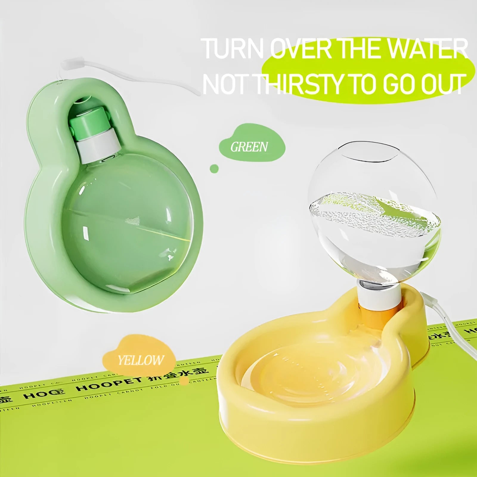 Green portable dog travel cup with integrated drinking bowl, showing 500ml capacity and pull-out bowl design.