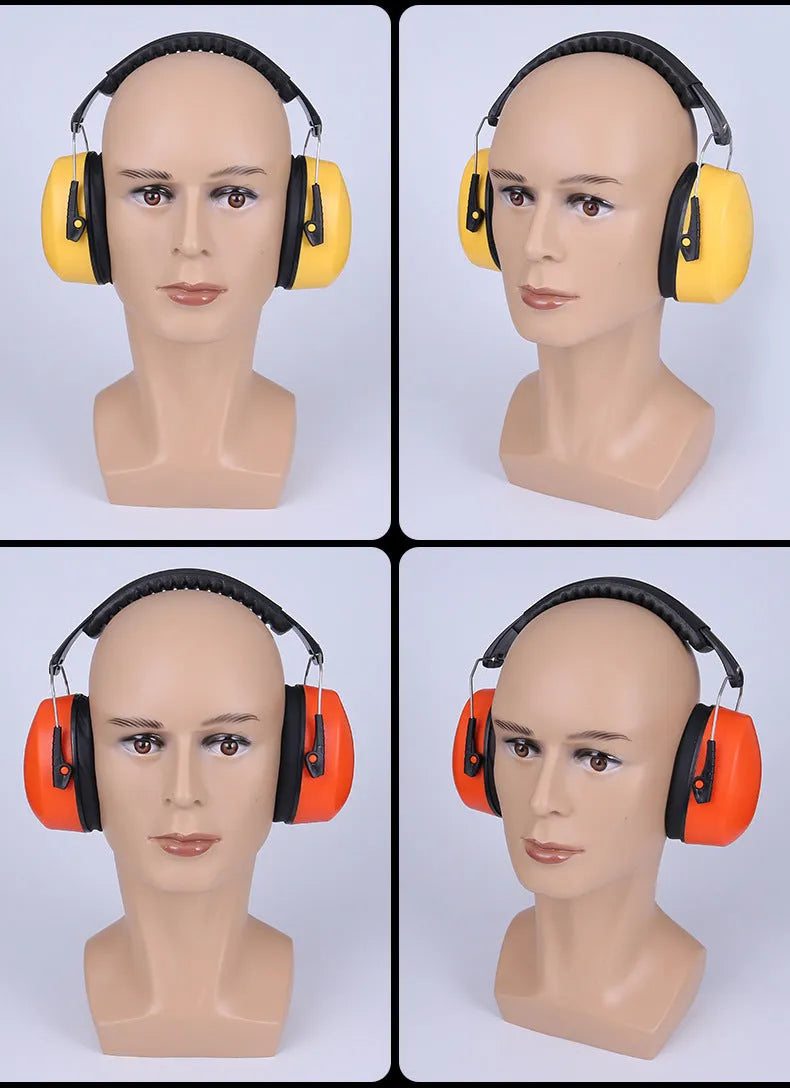 Orange head-mounted earmuffs with an adjustable elastic headband and fabric-covered ear cups.