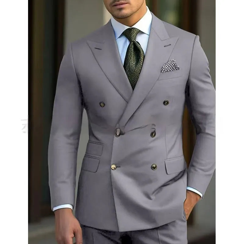 Men's light business style two-piece suit in chemical fibre and cotton blend fabric