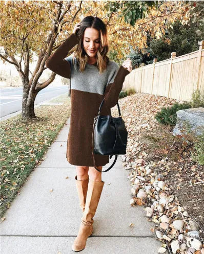 Brown women's patchwork sweater dress with long sleeves and round neck in retro art style
