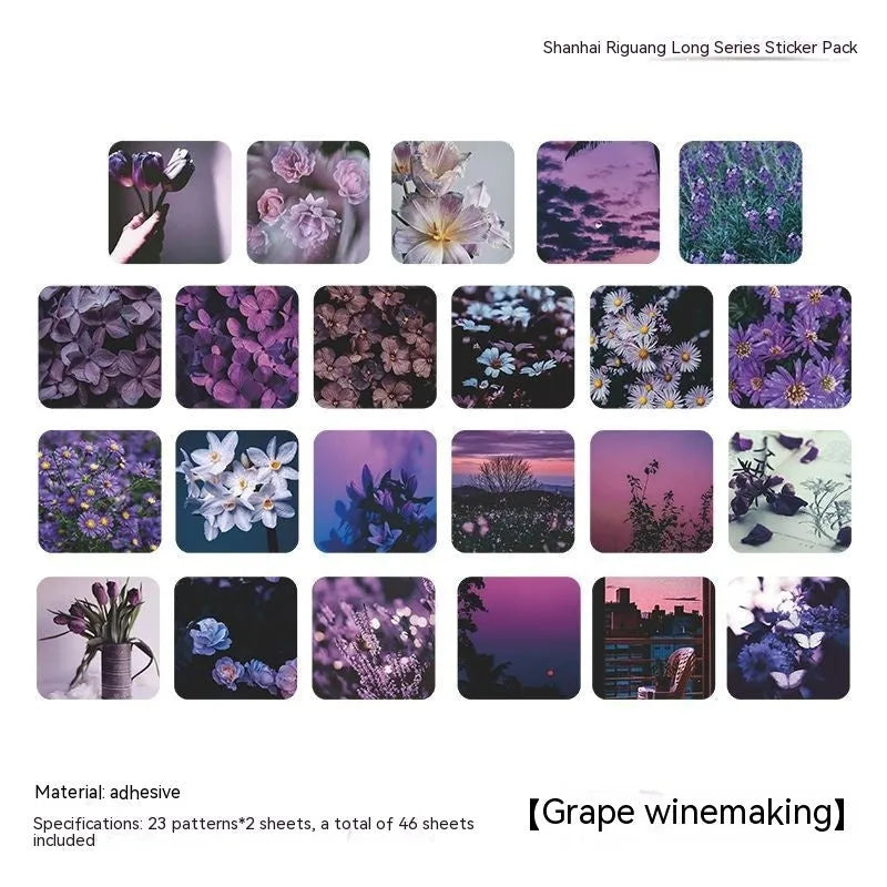 Box of Nordic style decorative stickers showing floral and scenic designs, 46 sheets total, each 44mm square.